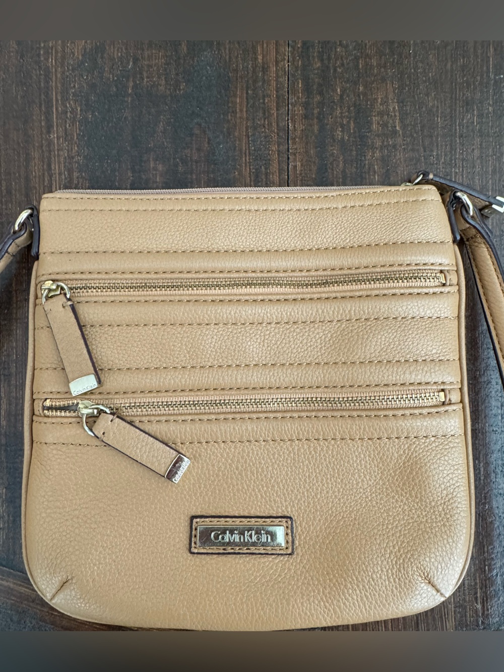 Calvin Klein Beige/Tan Pebbled Leather Crossbody Bag